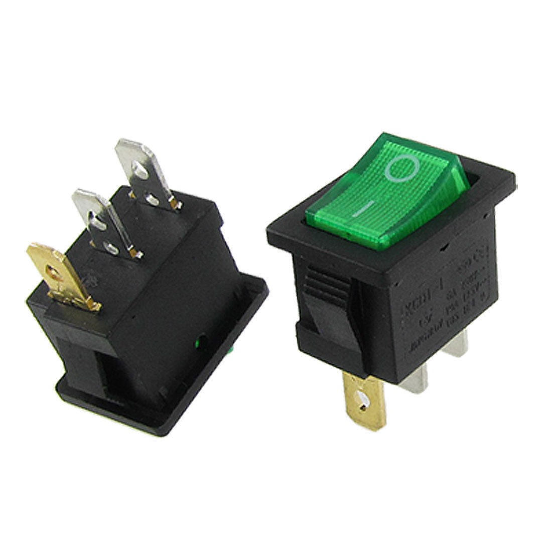 10pcs AC 6A/250V 10A/125V Green Light ON-OFF I/O SPST Snap in Rocker Switch 3Pin