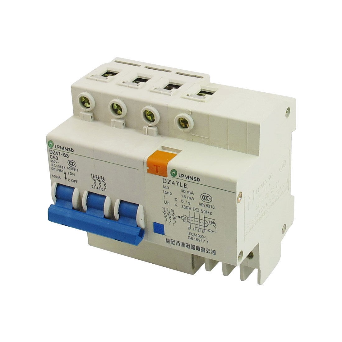 DZ47-63 DZ47LE 63A 400VAC 6000A 3 Pole Mini ELCB Earth Leakage Circuit Breaker