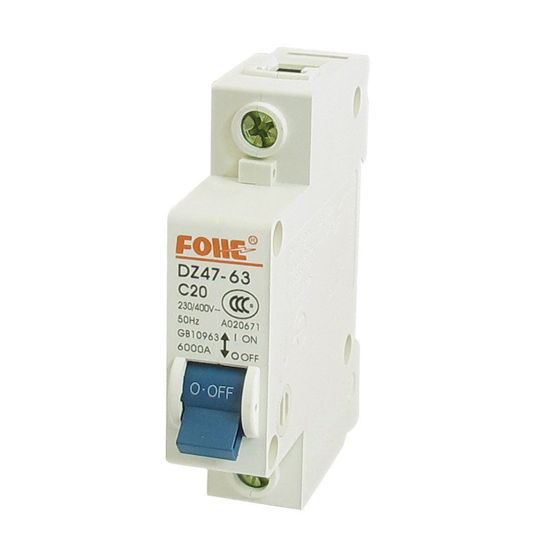 AC 230/400V 20A 6000A 1P 1 Pole Miniature Circuit Breaker DIN Rail DZ47-63 C20