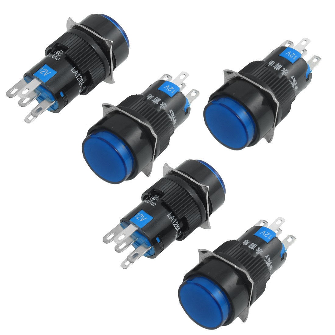 5 x 5P Latching 1NO 1NC Blue Neon Light Round Push Button Switch 12V