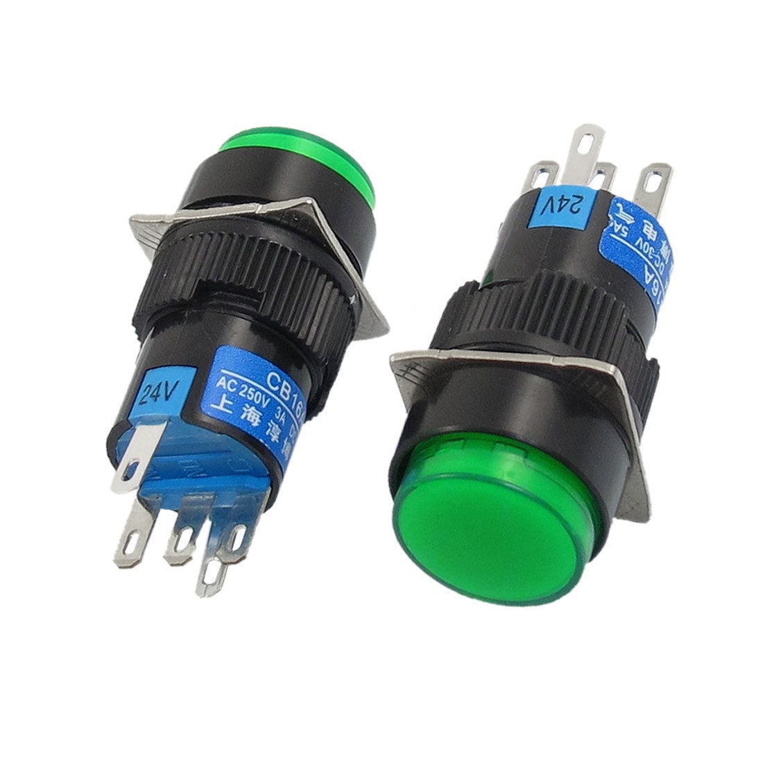 2 Pcs Green Sign Round Momentary Push Button Switch NO NC 5P 5 Pin 24V DC Lamp