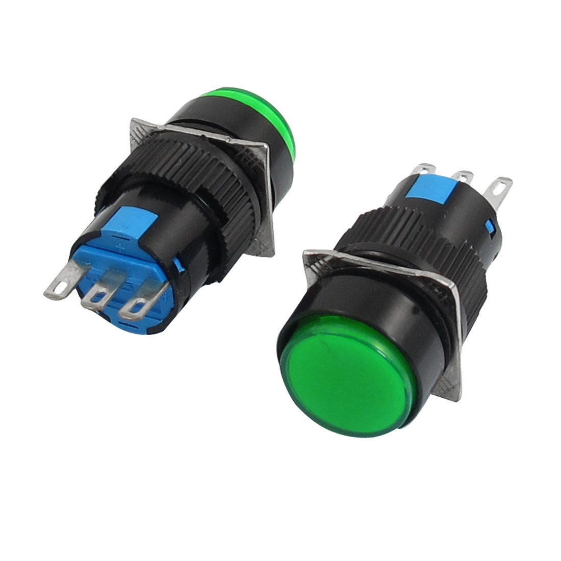 2 Pcs AC 250V 3A DC 30V 5A 3 Pin NO/NC Green Round Latching Push Button Switch