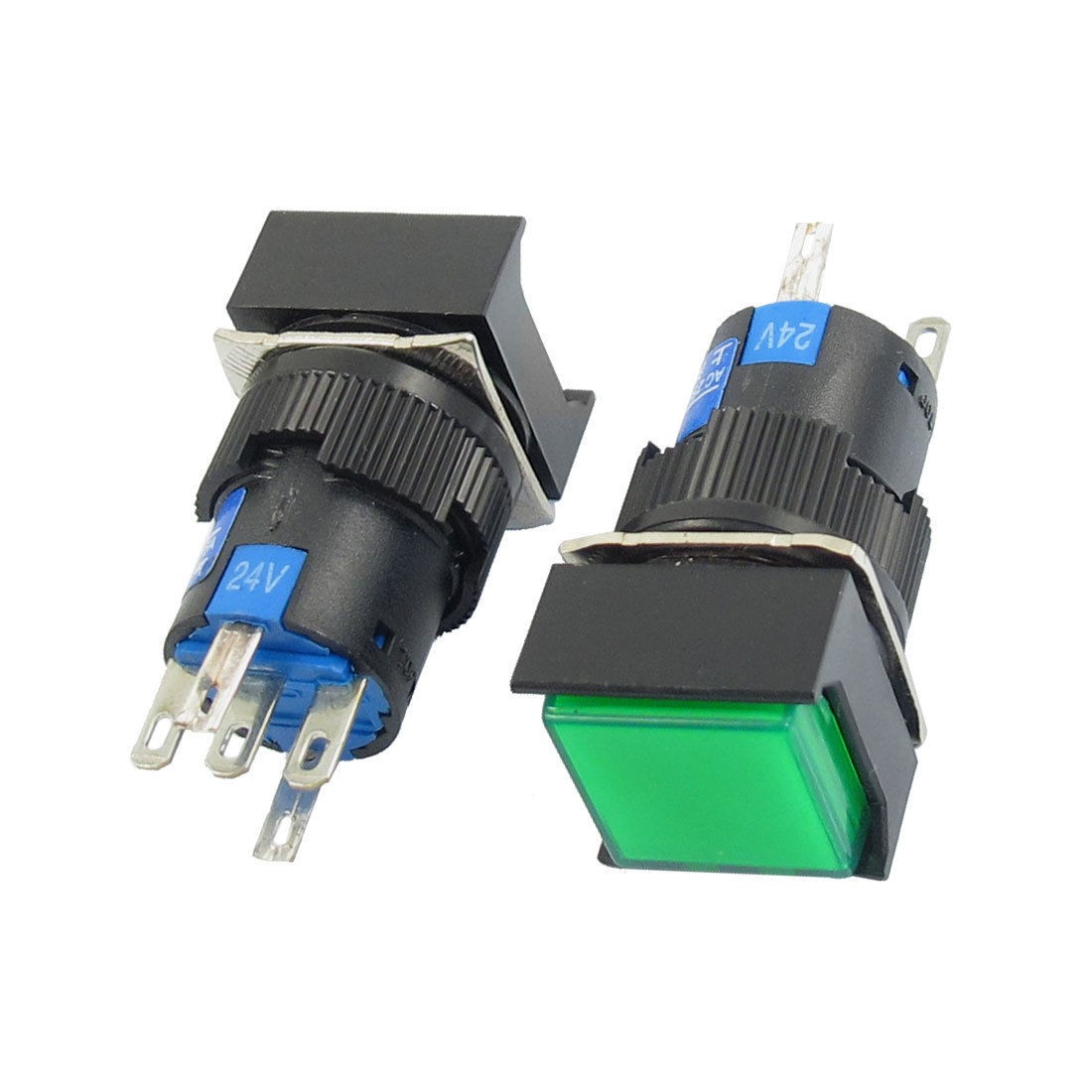 2 Pcs Green Sign Square Type Latching Push Button Switch 5P NO NC 24VDC Lamp