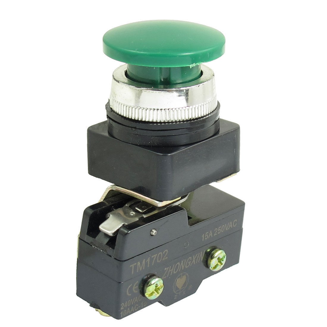 AC 250V 15A 1NO 1NC 25mm Thread Momentary Green Mushroom Button Micro Switch