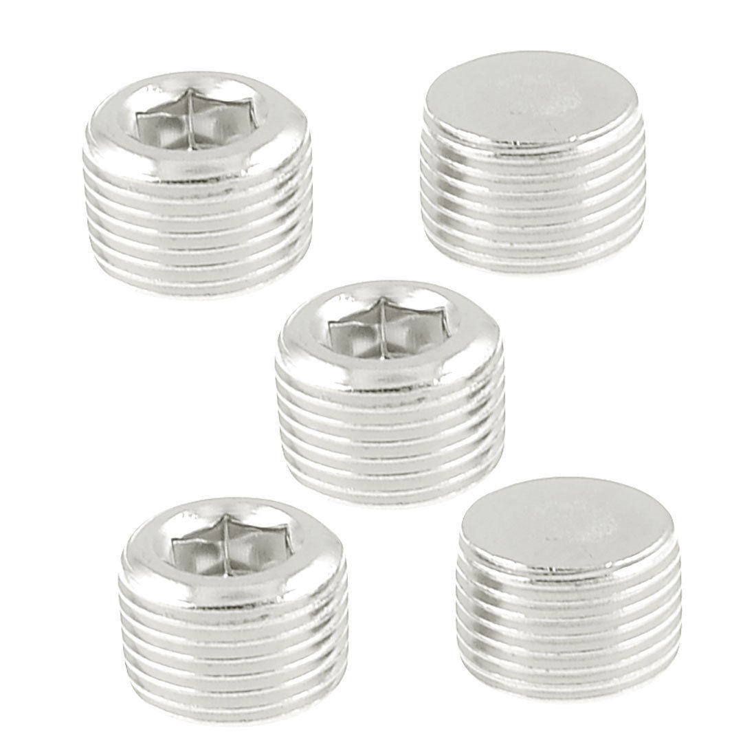 5 Pcs 3 8" PT Thread Metal Internal Hex Head Socket Pipe Plugs Silver Tone