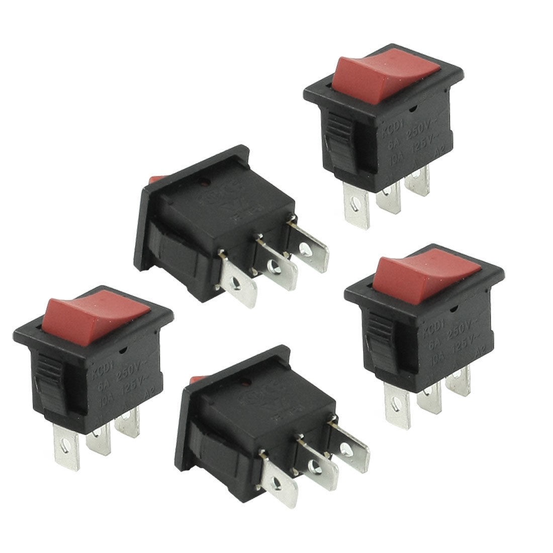 6A 250VAC 10A 125VAC 3 Pin SPDT Red Button ON/OFF Boat Rocker Switch 5 Pcs