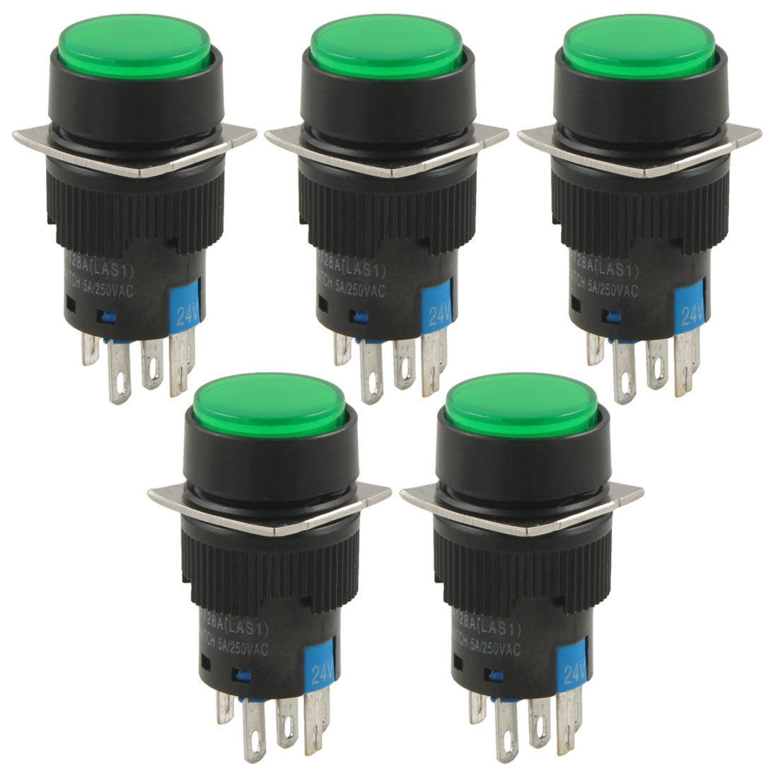 DC 24V Green Lamp Round 1NO 1NC Latching Push Button Switch 5 Pcs