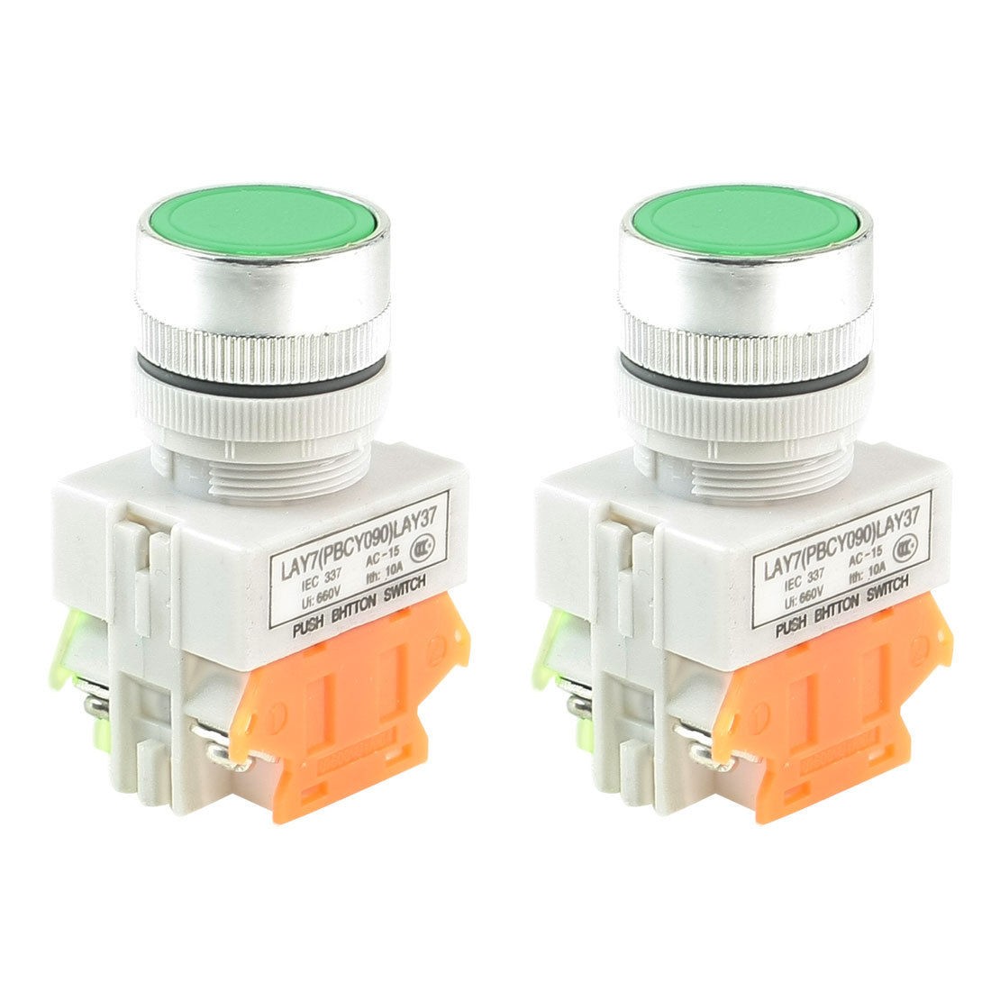 2 Pcs Round Green Cap 1NO 1NC Non Locking Push Button Switch AC 660V 10A