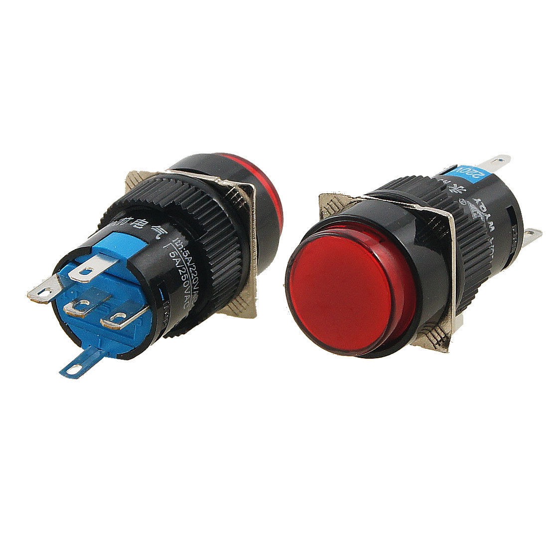 2 Pcs AC 220V Red Light Momentary SPDT Round AC 250V 5A Push Button Switch