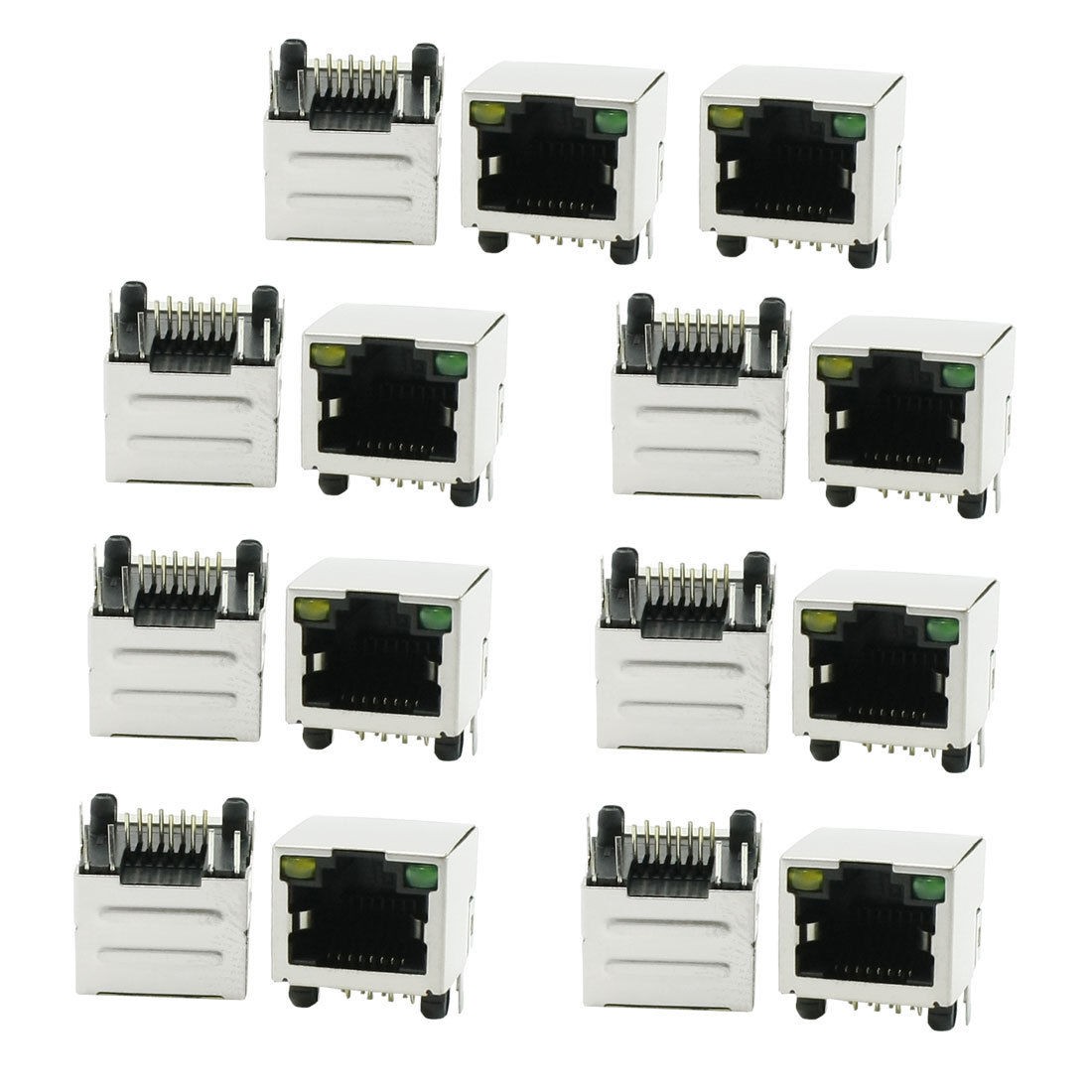 Right Angle Pins Stainless Steel Shield RJ45 8P8C PCB Mounting LED Jack 15 Pcs