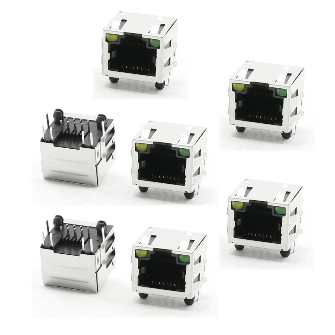 LED Pilot Light Stainless Steel Shielded RJ45 8P8C PCB Jack LAN Socket 7 Pcs
