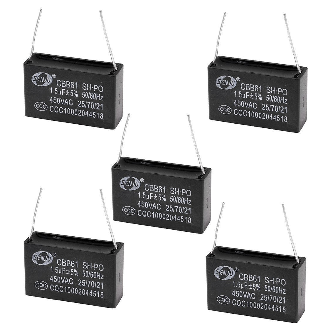 5 Pcs Black 450V 1.5uF 2-pin Rectangle Air Conditioner Washing Machine Capacitor