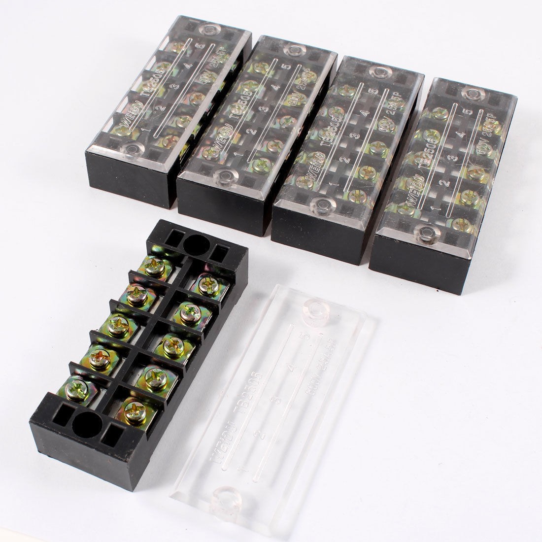 5 Pcs 600V 25A 5 Positions Dual Rows Covered Barrier Screw Terminal Block Strip