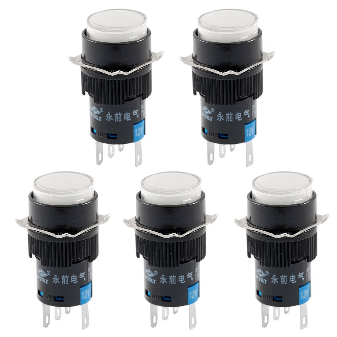 5 x DC 12V White Light 5P Latching Panel Mount Round Push Button Switches