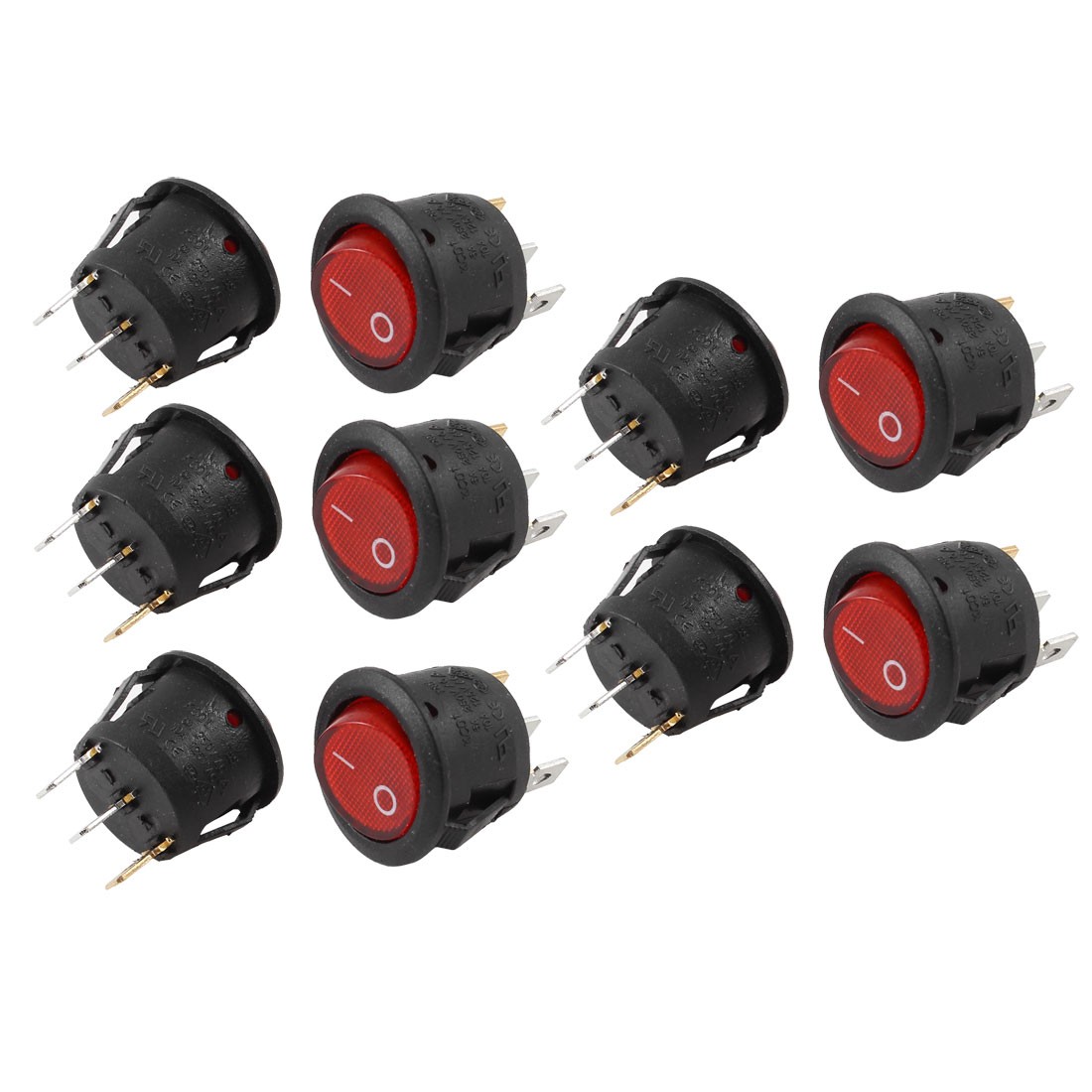 AC 6A/250V 10A/125V On/Off Snap in SPST Red Light Round Rocker Switch 10 Pcs