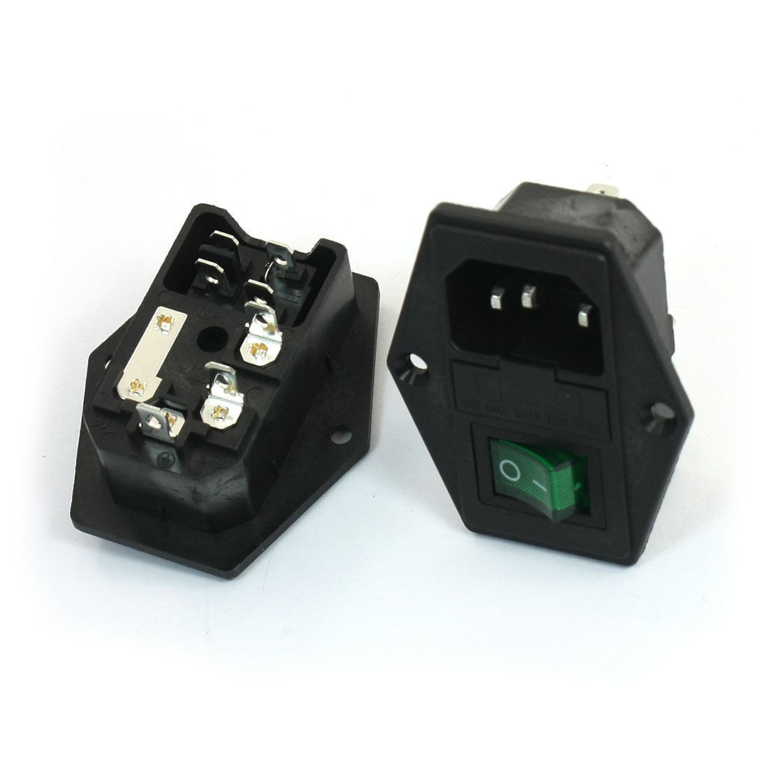 2Pcs Green Pilot Lamp 4P Rocker Switch Fuse Holder IEC320 C14 Inlet Power Socket