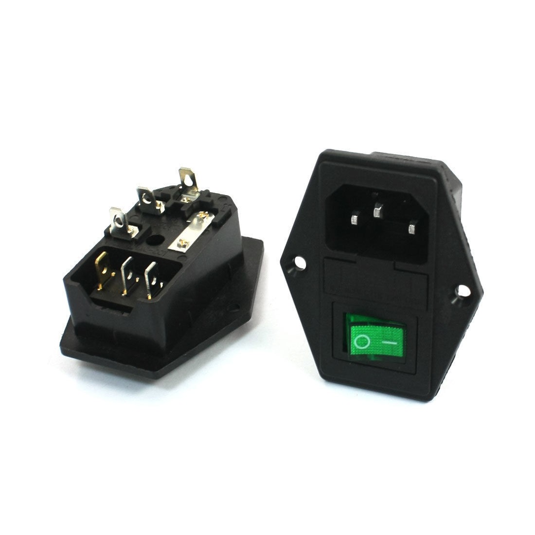 2Pcs Green Indicator 3Pin SPST Rocker Switch Fuse Holder IEC320 C14 Power Socket
