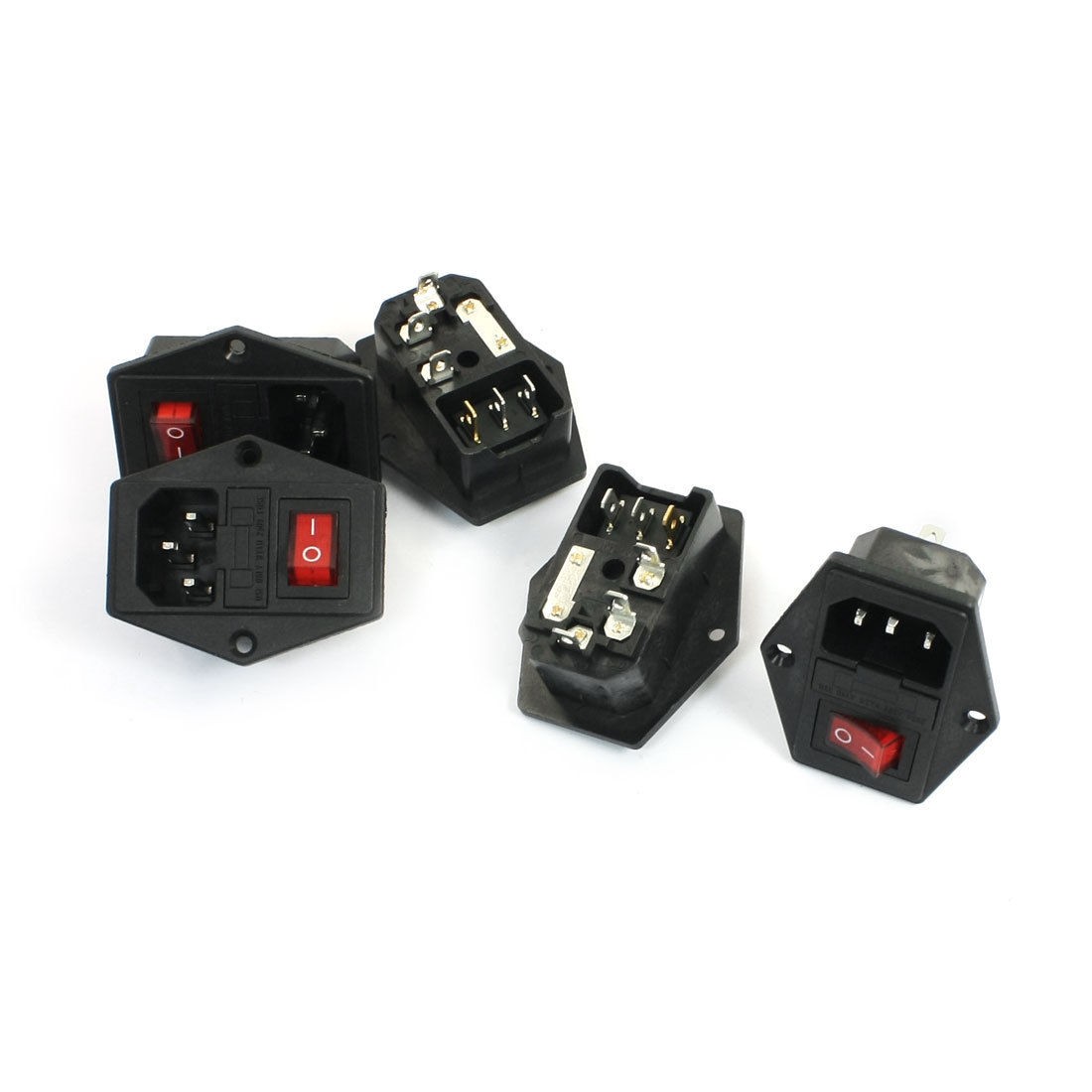 5Pcs Red Indicator 3 Pin SPST Rocker Switch Fuse Holder IEC320 C14 Power Socket