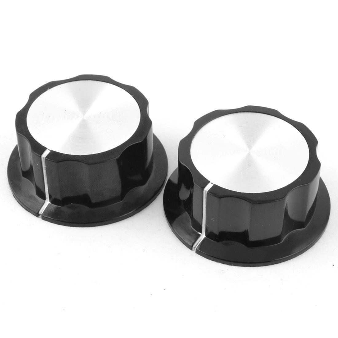 2 x Black Silver Tone Rotary Knobs 36mm for 6mm Shaft Potentiometer