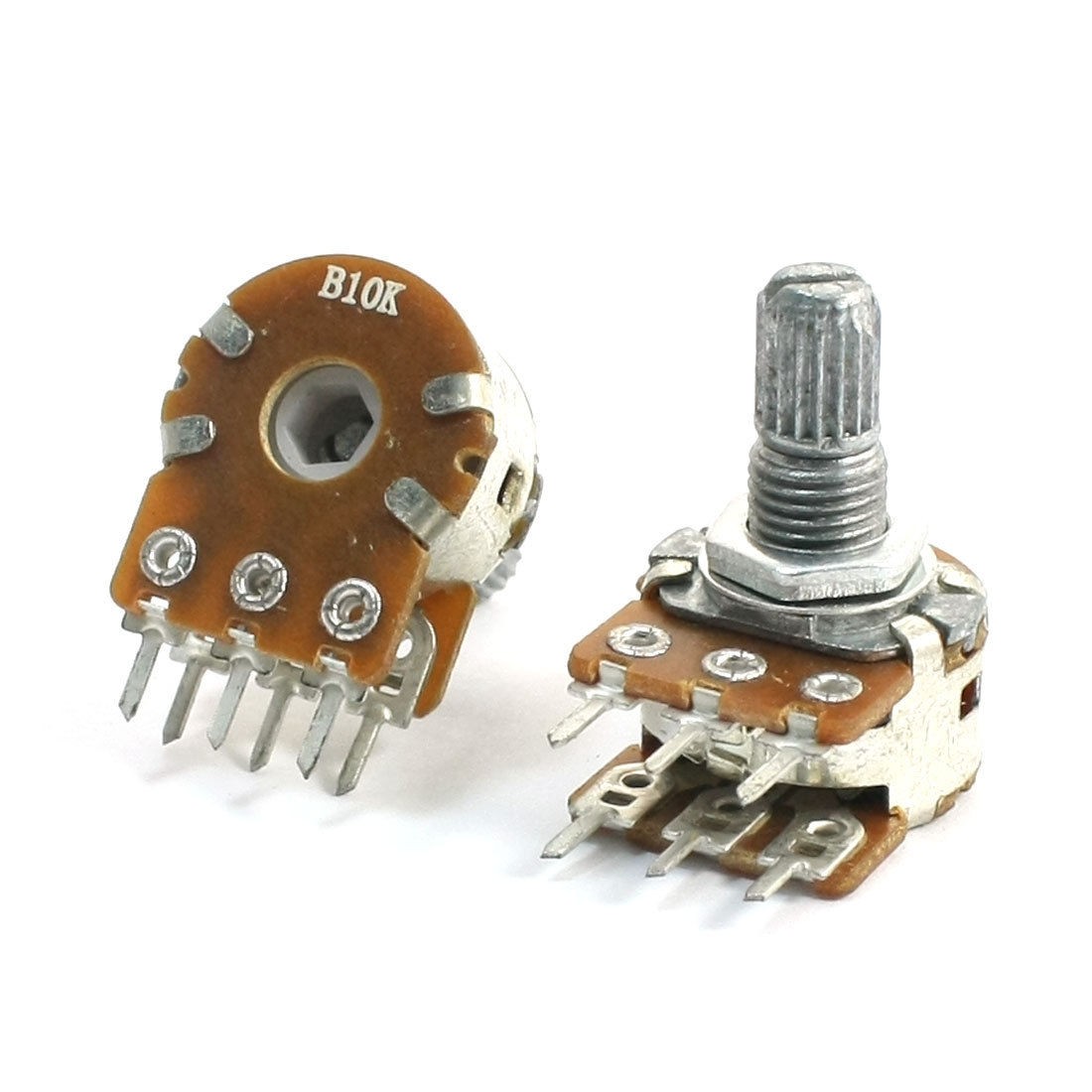 Rotating Shaft 6 Soldering Foot Terminals Dual Potentiometer B10K 10K Ohm 2Pcs