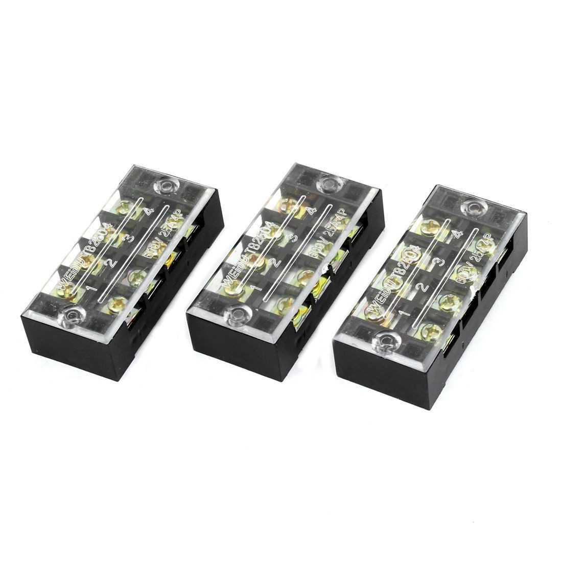 3 Pcs 600V 25A 4 Positions 4P Dual Rows Covered Barrier Screw Terminal Block