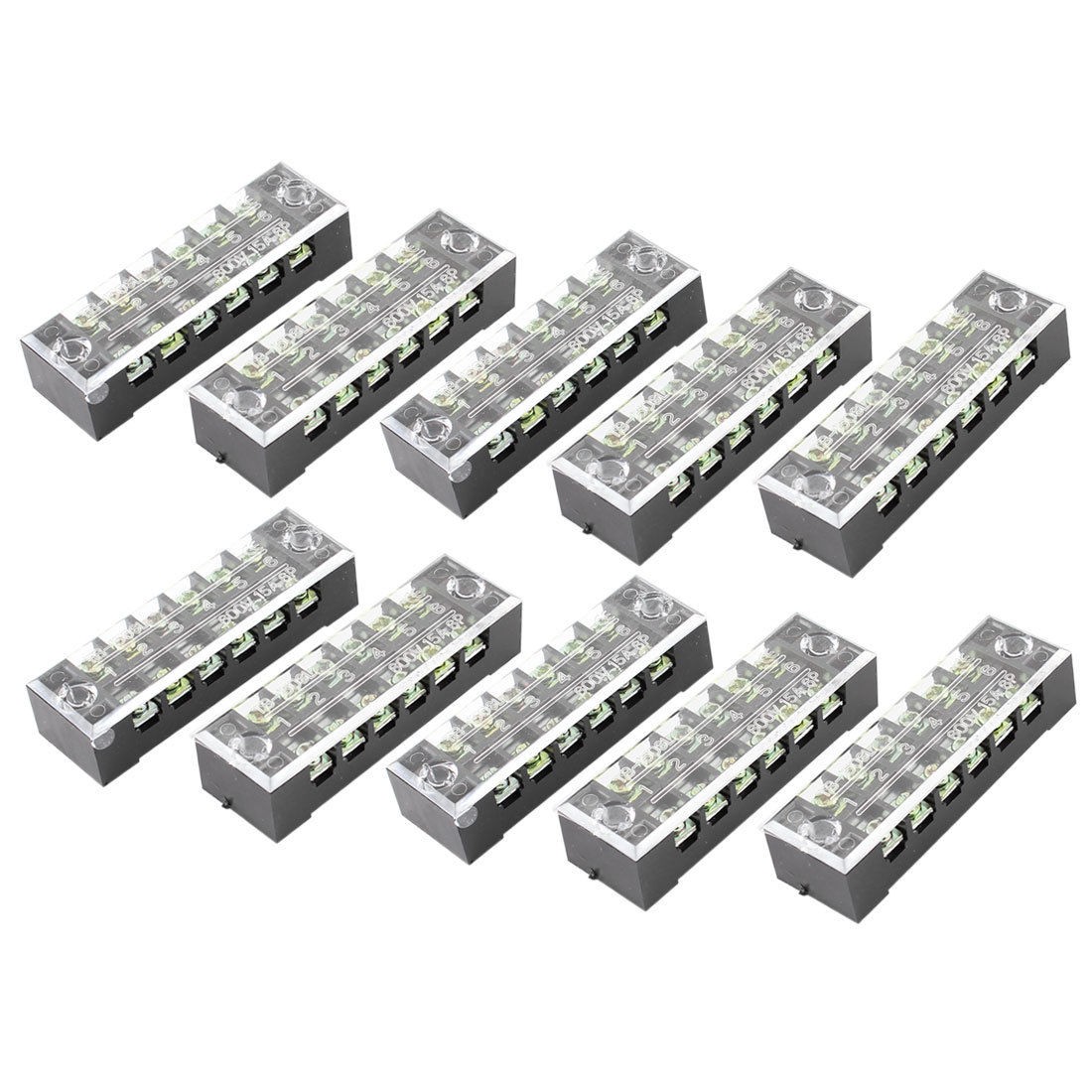 10 Pcs Dual Row 6P Screw Terminal Block Strip Black 600V 15A w Cover