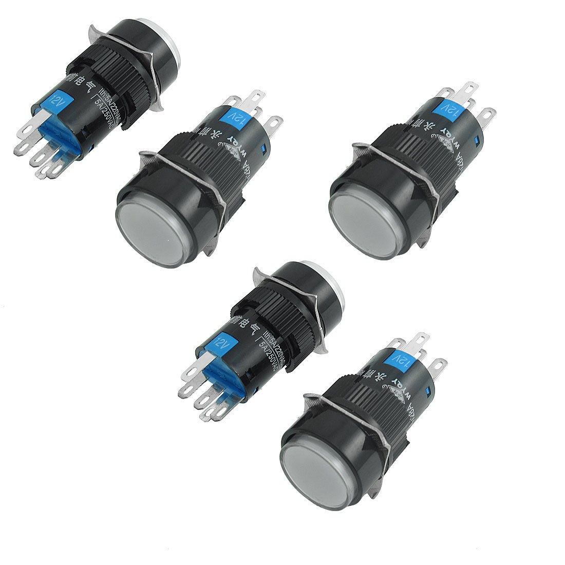 5 x 12V White Neon Lamp 5P Latching Panel Mount Round Push Button Switch