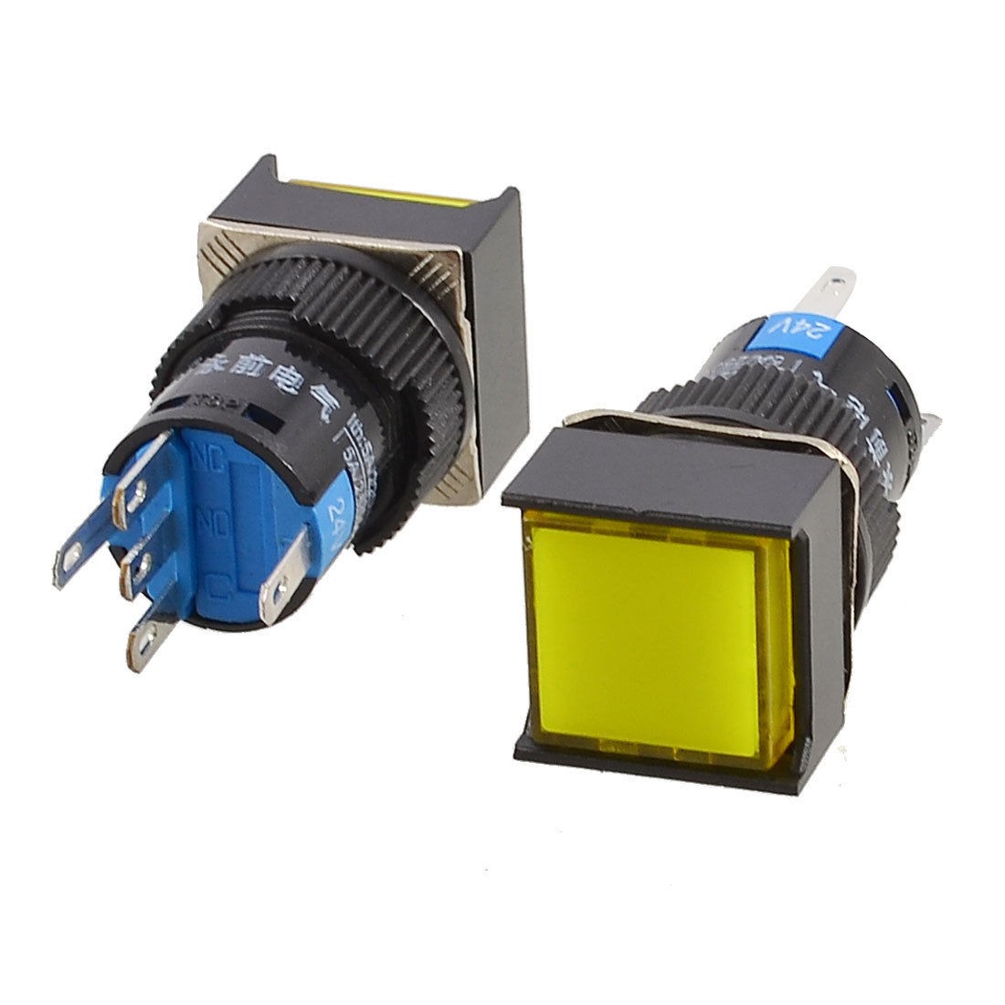 2 Pcs Yellow Square Cap DC 24V Light SPDT 5 Pins Push Button Switch