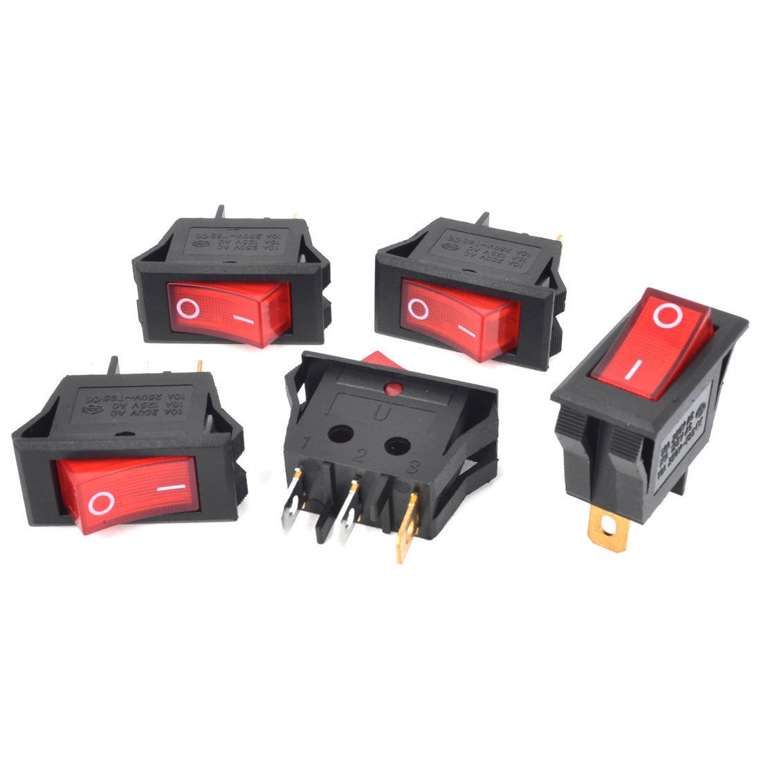 5Pcs AC250V 10A AC125V 15A Panel Mount Red Lamp Latching Rocker Switches