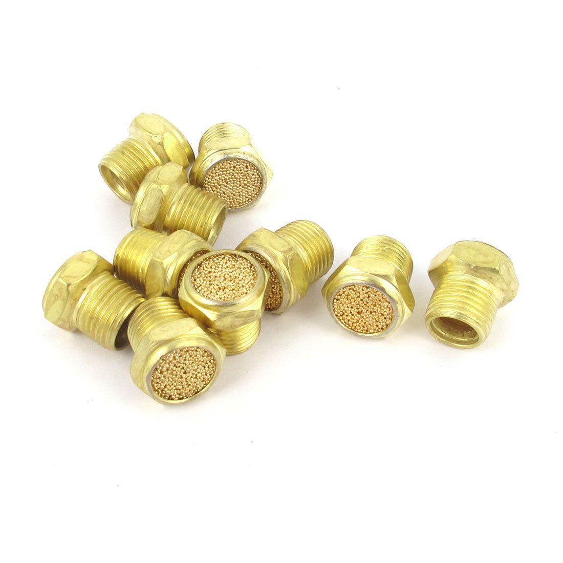 10 Pcs Flat Pneumatic Noise Muffler Filter Sintered Gold Tone 1/8PT Male Thread