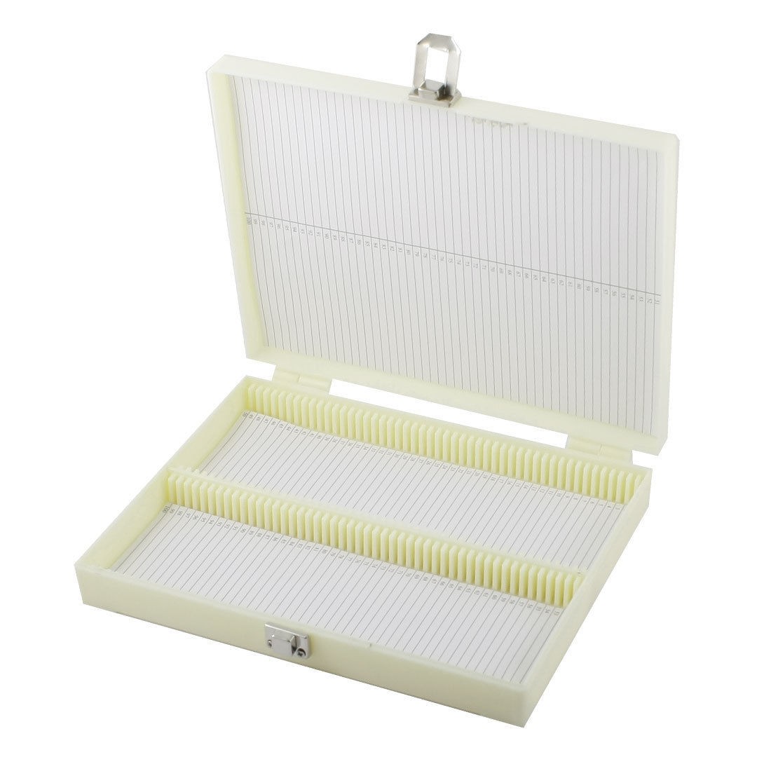 Beige Plastic Shell 100 Slots Microscope Glass Slide Box w Metal Clasp