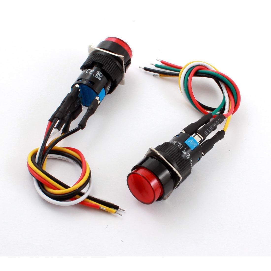 2Pcs DC24V 16mm Thread 5 Wires SPDT Self-Locking Red Light Push Button Switch