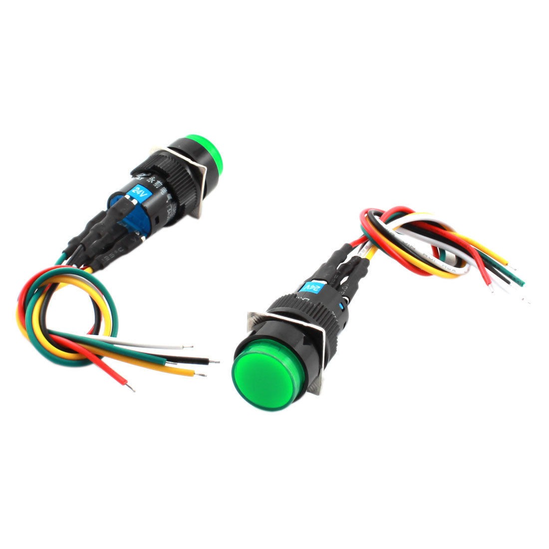 2Pcs DC24V 16mm Thread 5 Wires SPDT Locking Green Pilot Lamp Pushbutton Switch