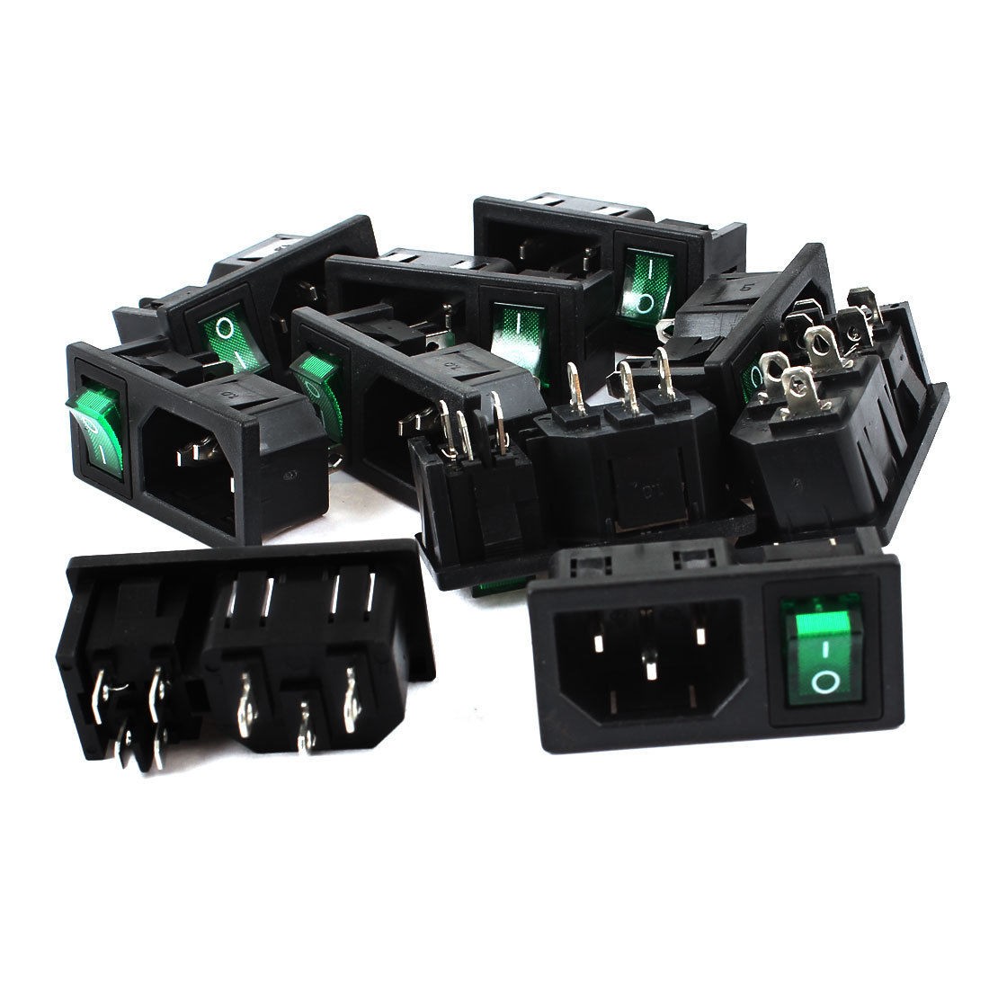 10 Pcs 3 Pin Green Light Panel Rocker Switch IEC320 C14 Power Socket AC 10A 250V
