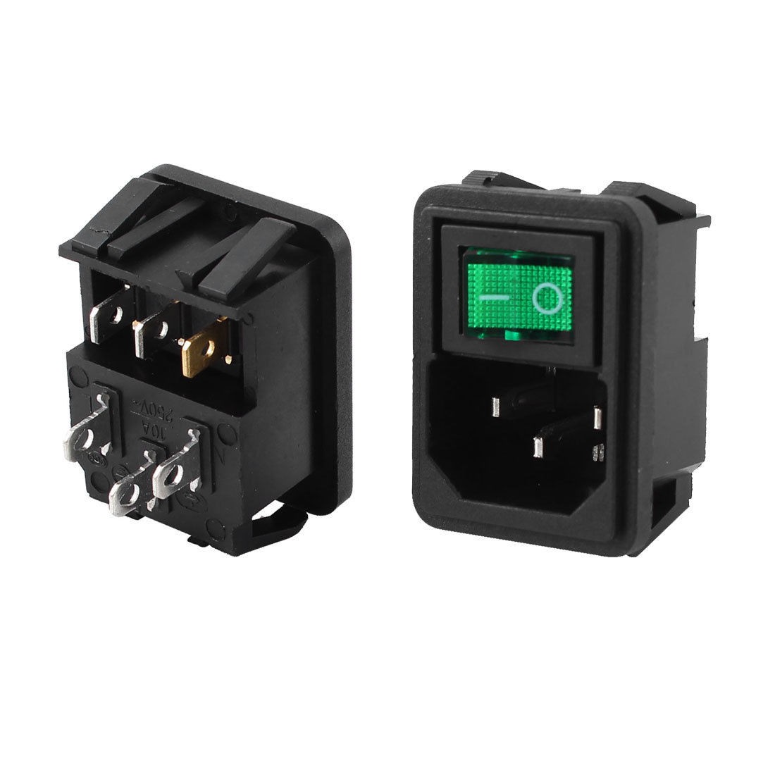2 Pcs 3 Pin SPST Green Light Rocker Switch IEC320 C14 Power Socket AC 10A 250V