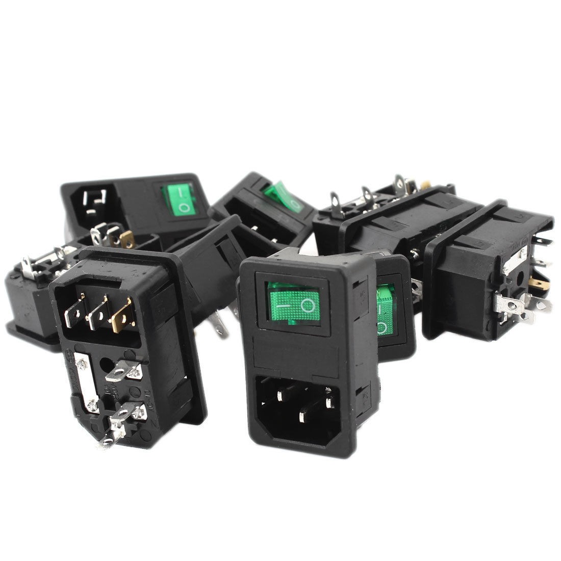 AC250V 10A Green Light Rocker Boat Switch IEC320 C14 Inlet Socket w Fuse 10 Pcs
