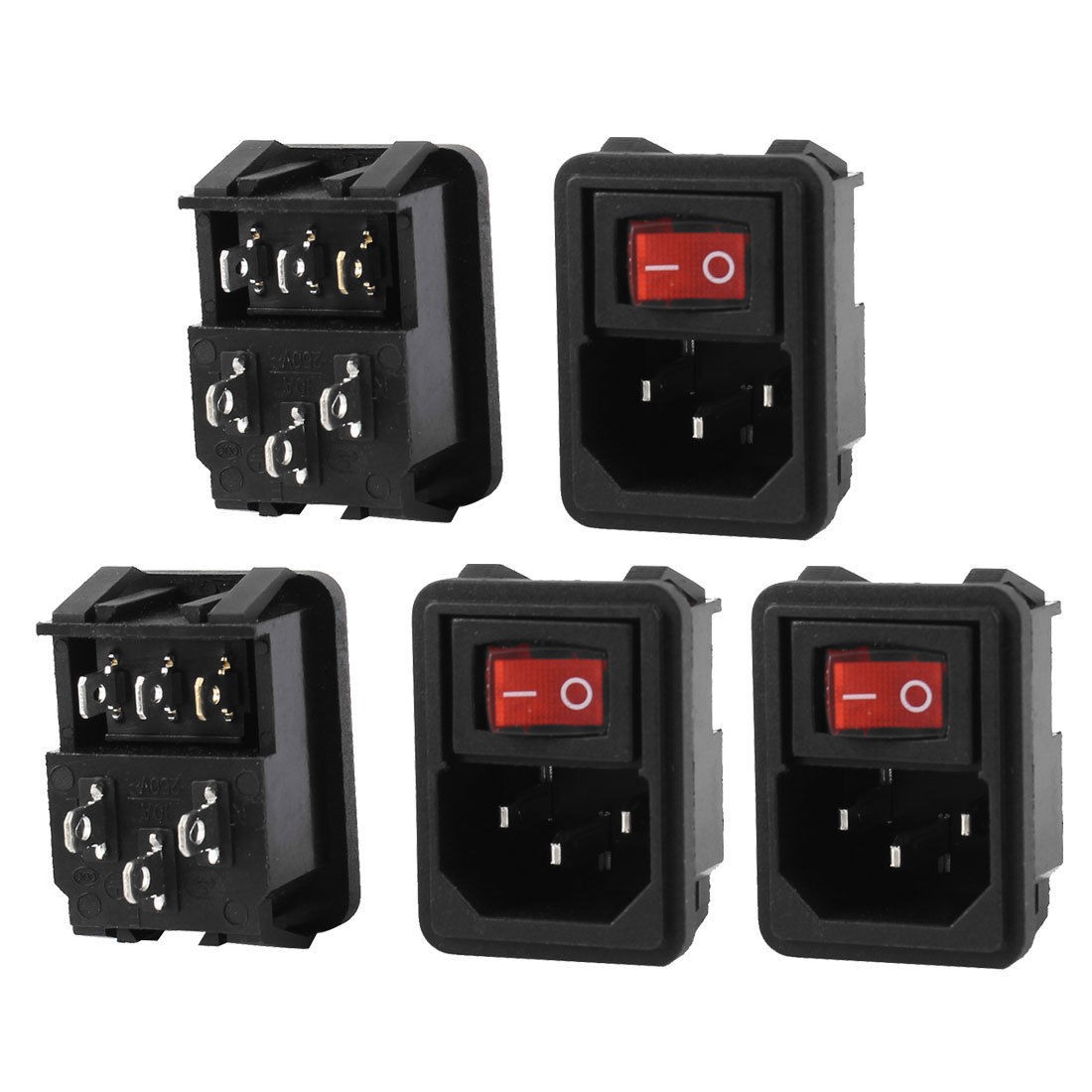 5 Pcs 3 Pin SPST Red Light Rocker Switch IEC320 C14 Power Socket AC 10A 250V