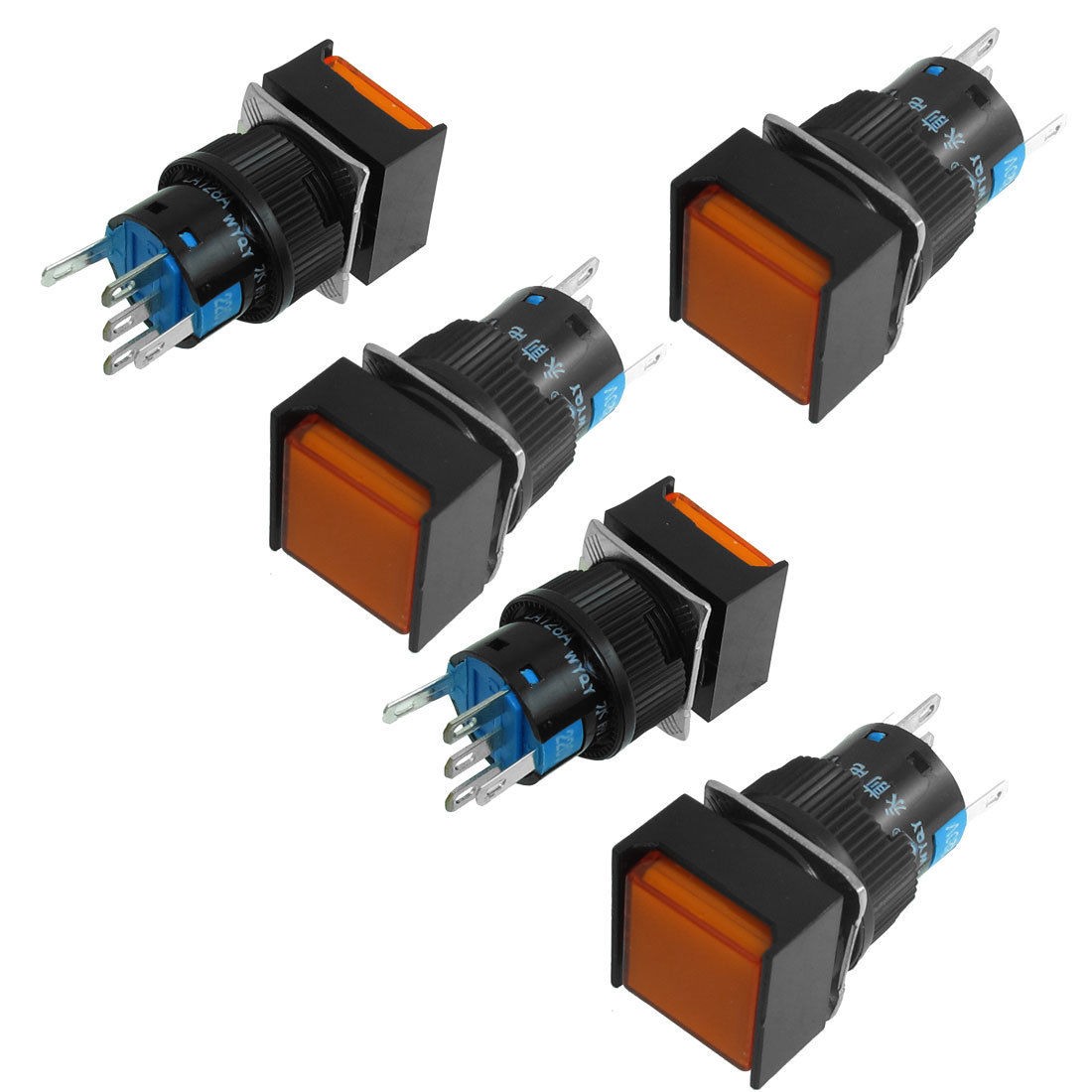 5 x 5P Latching 1NO 1NC Orange Neon Light Square Push Button Switch AC 220V