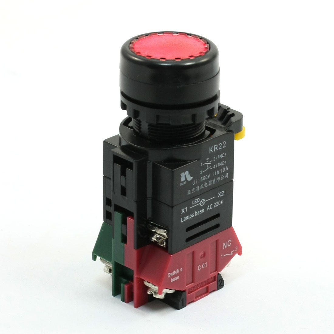 AC 220V DPST NO NC Momentary Red Round Push Button Pushbutton Switch