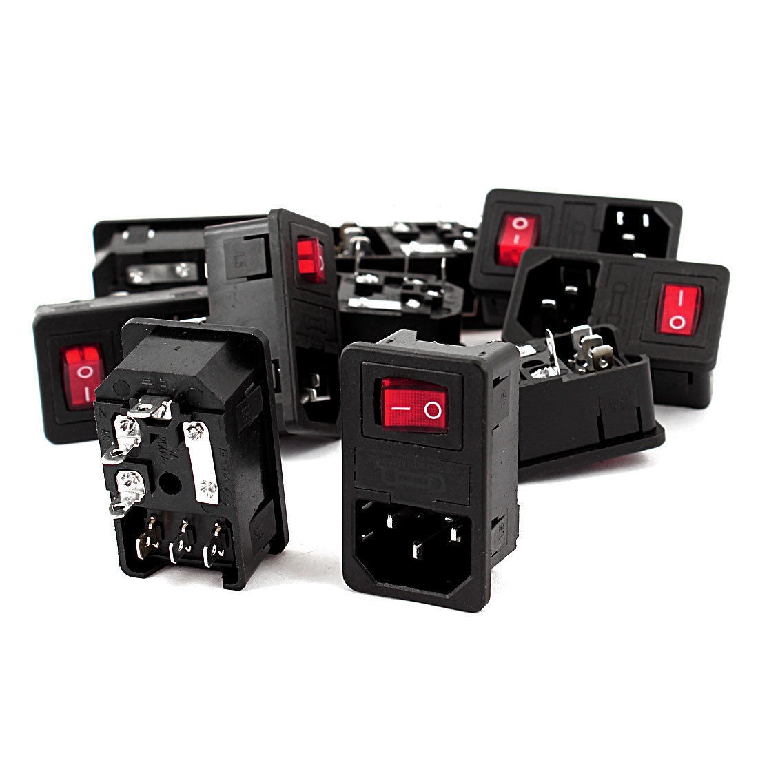 AC250V 10A IEC 320 C14 Inlet Panel Socket w Fuse w Red Light Rocker Switch 10Pcs
