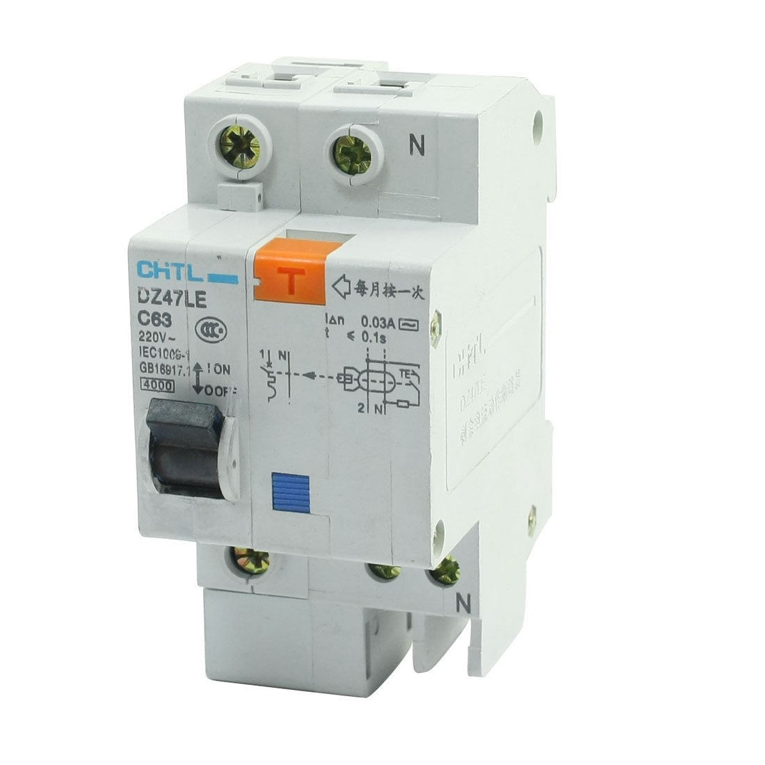 35mm DIN Rail Mounted One Pole Residual Current Circuit Breaker 220VAC 63A
