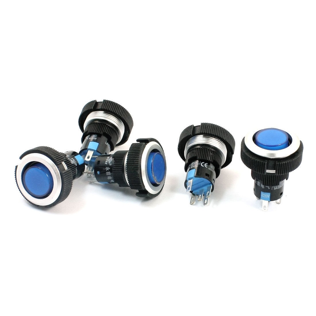 AC220V 22mm Panel Mount Blue Lamp SPDT 1NO 1NC Locking Push Button Switch 5 Pcs