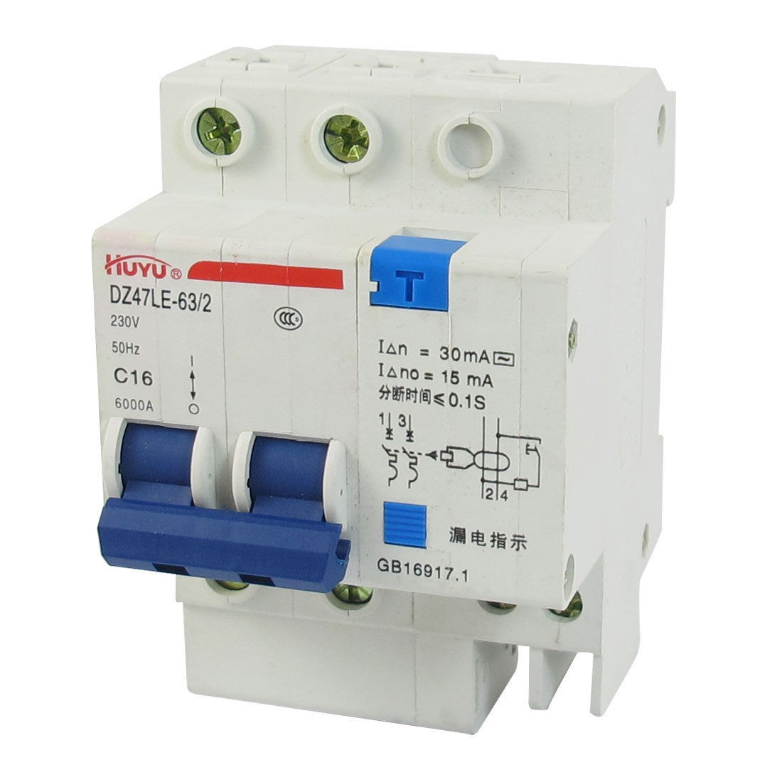 DZ47LE-63 16A 230V AC 6000A Breaking Capacity 2 Poles Circuit Breaker