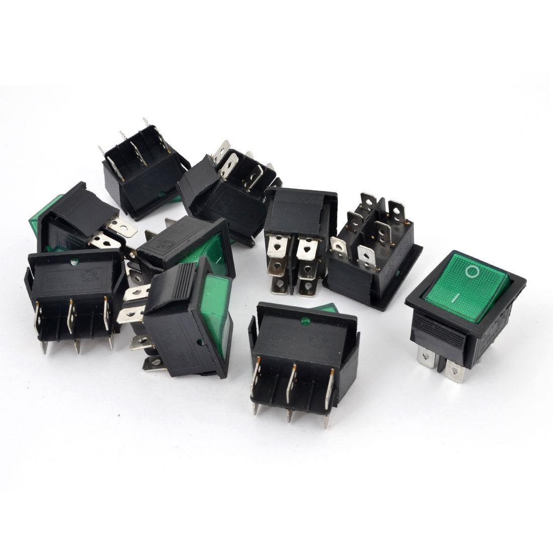 10pcs AC 250V 15A 6 Pins DPDT I/O Green Light Snap in Boat Rocker Switch