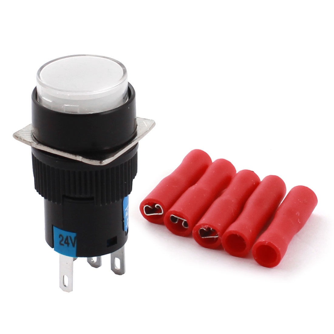 DC 24V White Light 16mm SPDT Self Locking Round Pushbutton Switch + Connector