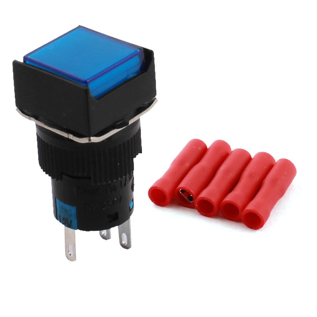 DC12V Blue Lamp 16mm Panel SPDT Non Locking Pushbutton Switch w Crimp Connectors