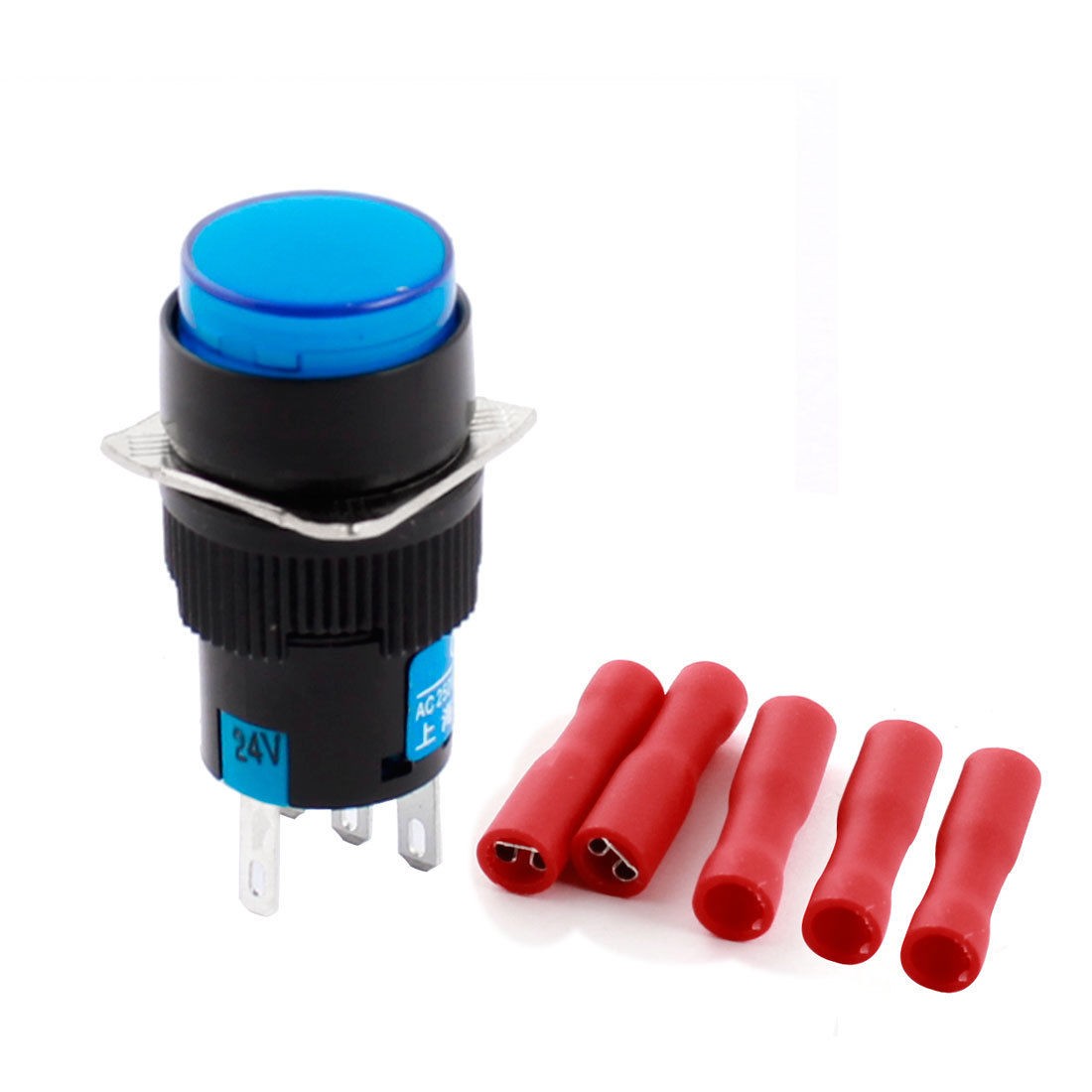 DC 24V Blue Light SPDT Non Locking Round Pushbutton Switch w Female Connectors