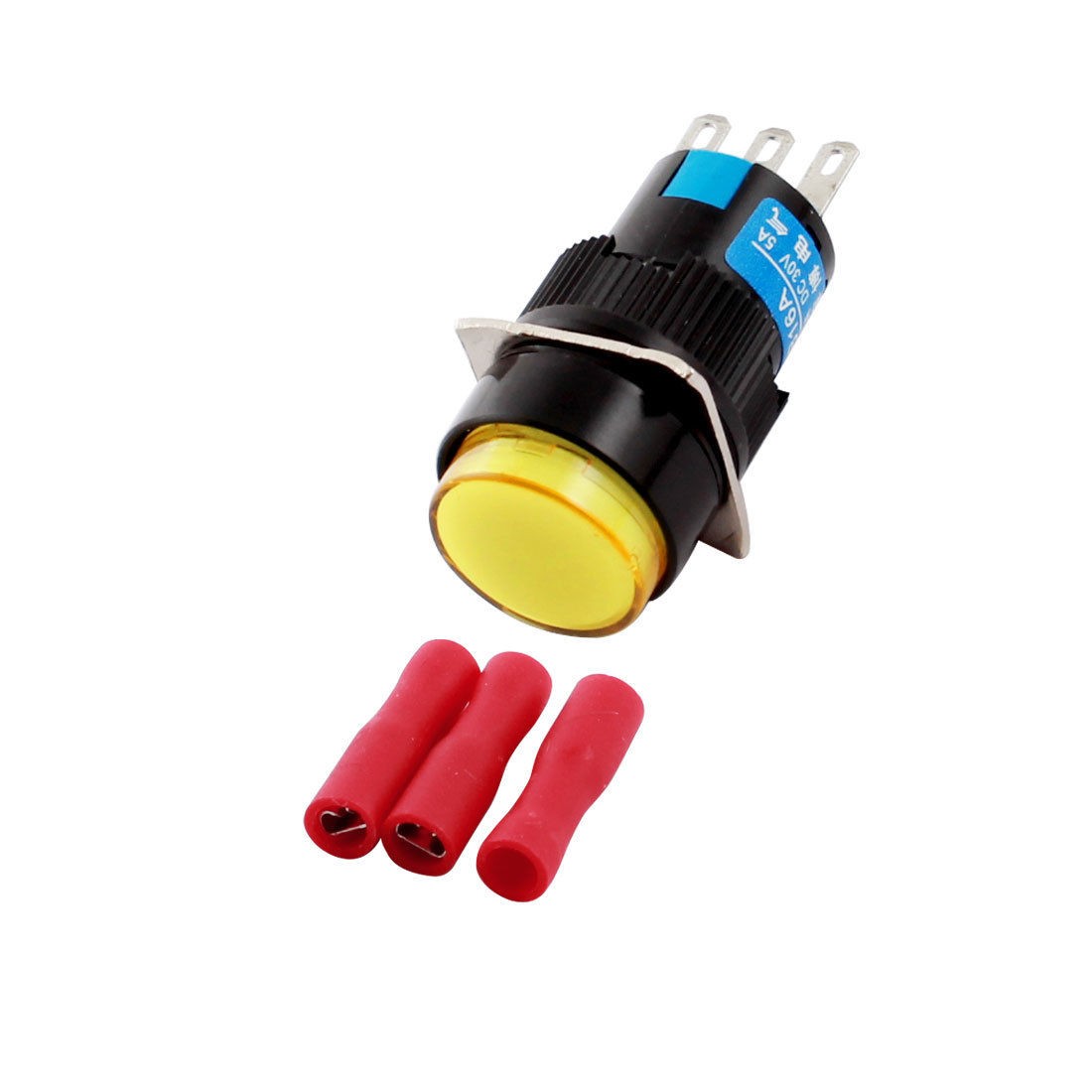 DC 30V 5A Yellow Button SPDT Locking Round Pushbutton Switch + Crimp Connector