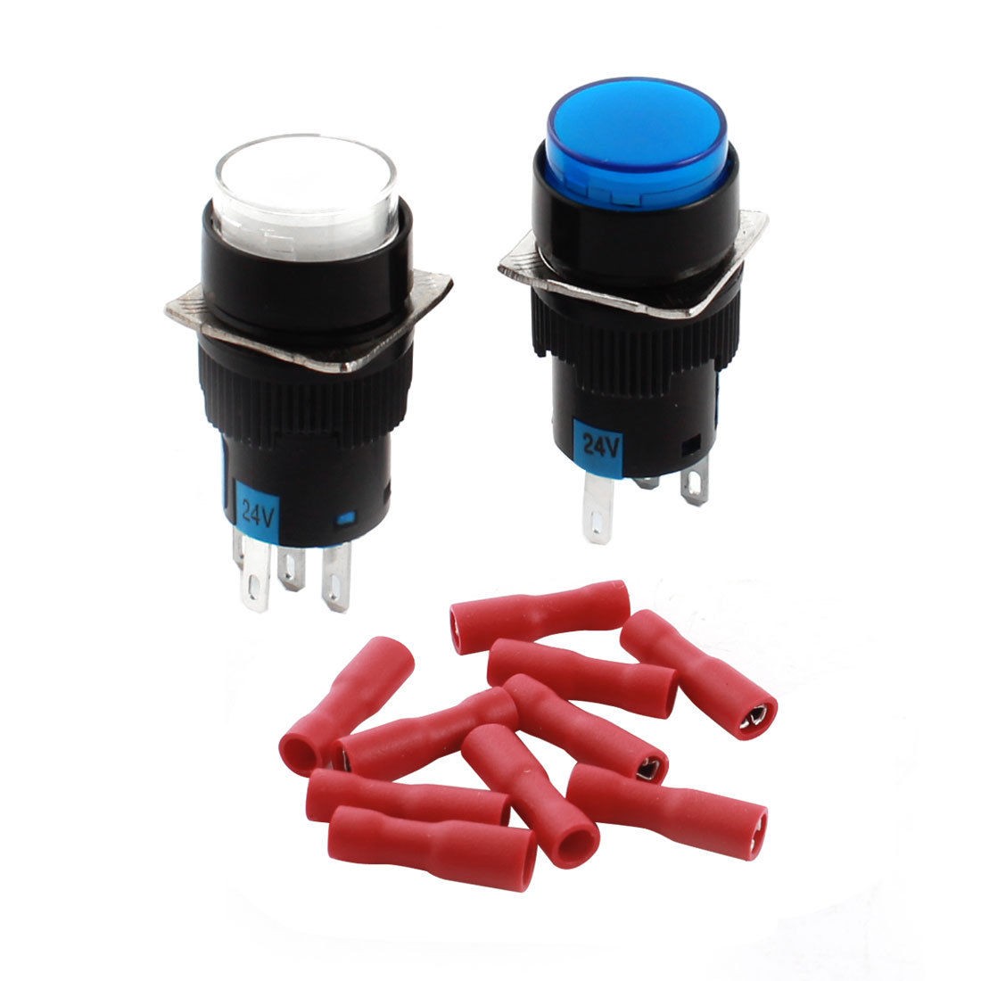 2 PCS DC 24V White Blue Lamp Panel SPDT Momentary Pushbutton Switch w Connectors