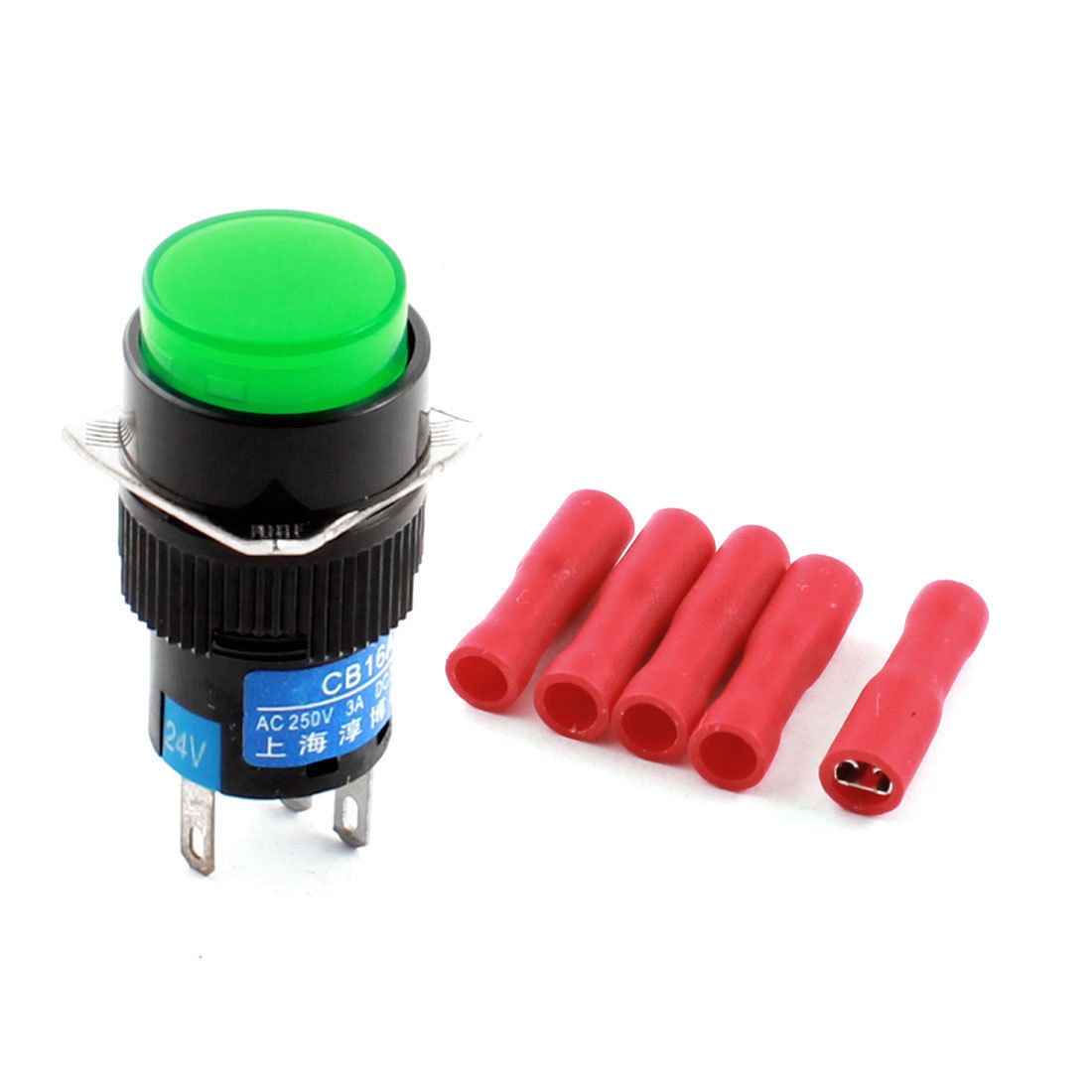 DC 24V Green Lamp SPDT Self Locking Round Push Button Switch w Female Connector